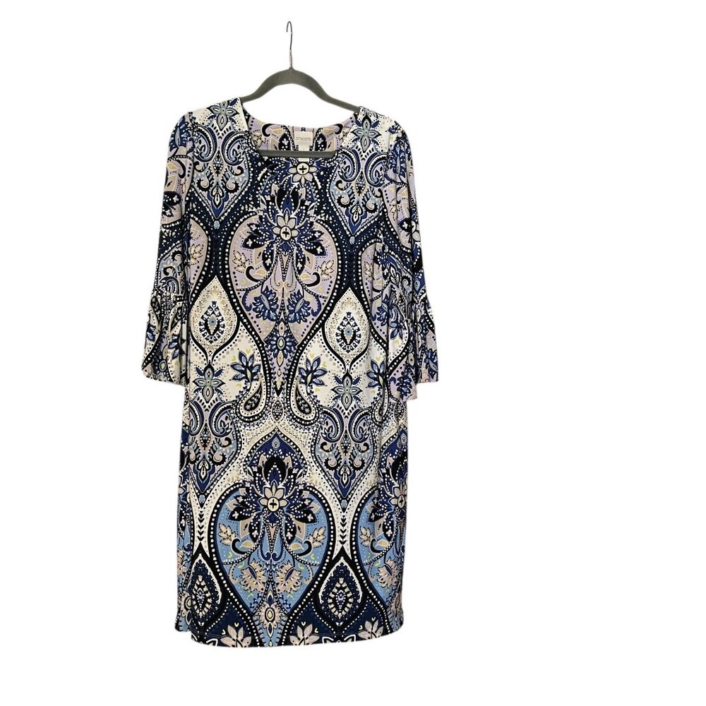 Chico Womens Paisley Blue Printed Jersey Dress Ruffle Sleeve Size Medium - Picture 1 of 5